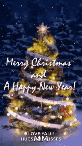 a merry christmas and a happy new year message with a christmas tree
