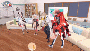 a group of anime characters are standing in a living room playing with a piggy bank .