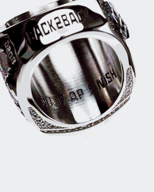 a silver ring with the words " back2back " engraved on it