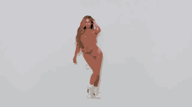 a woman in a red swimsuit and white adidas shoes is dancing against a white background .