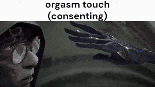 a man with glasses is reaching out to another man 's hand with the words orgasm touch consenting below him