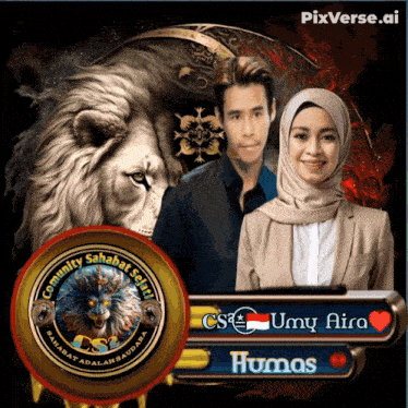 a picture of a man and a woman with a lion in the background and the name humas on the bottom