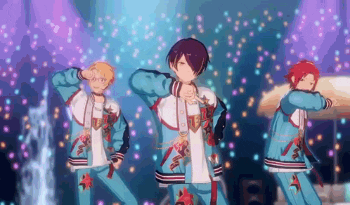 three anime characters are dancing on a stage in front of a purple background .