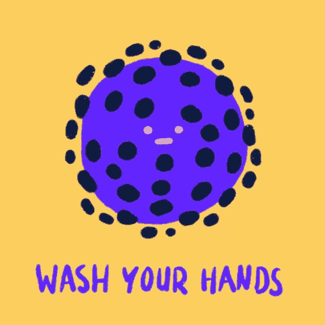 a cartoon illustration of a virus with a face and the words wash your hands below it