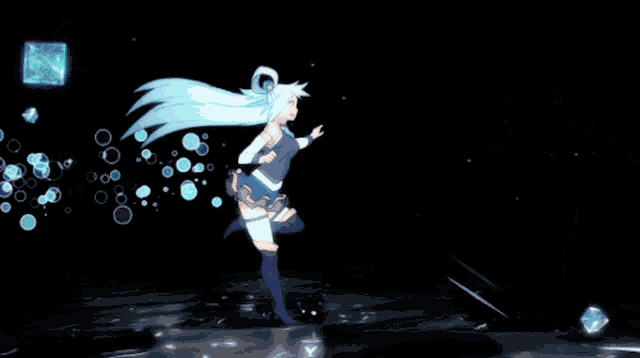 a girl with blue hair is making a stop sign with her hand