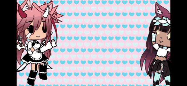 two anime girls are standing next to each other in front of a heart patterned background