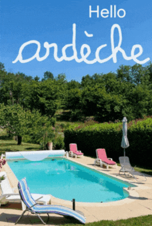 a large swimming pool with the words hello ardeche written above it
