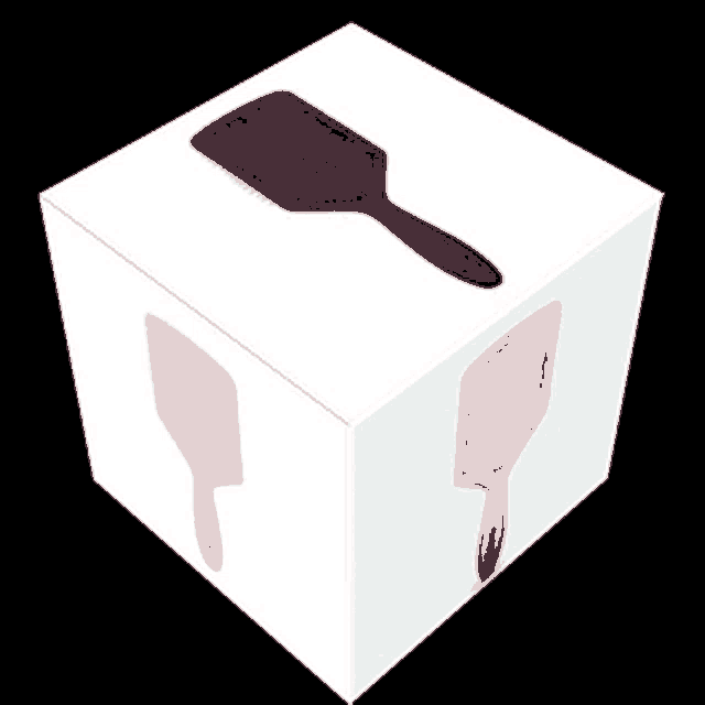 a cube with two different colored hairbrushes in it