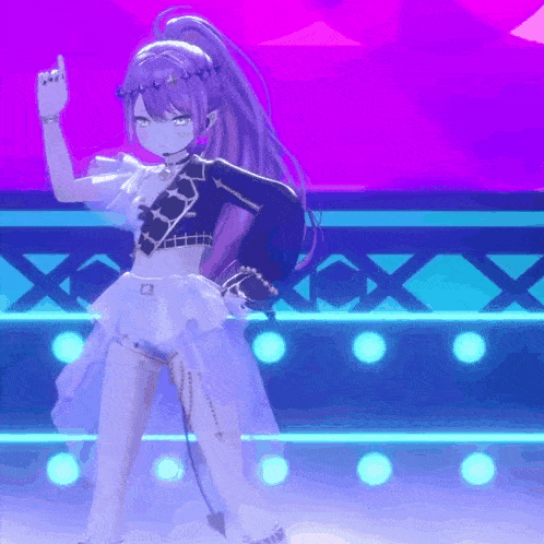 a girl with purple hair is standing on a stage with a purple background