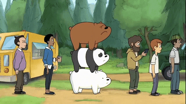 a group of cartoon characters are standing in a line including ice bear and grizzly bear
