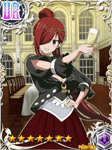a fairy tail card with a girl holding a glass of champagne