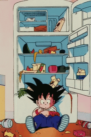 a cartoon of a child sitting in front of an open refrigerator