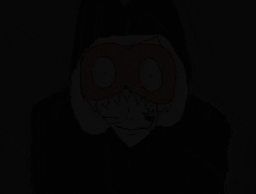 a cartoon character with a mask on his face is standing in the dark and looking at the camera .