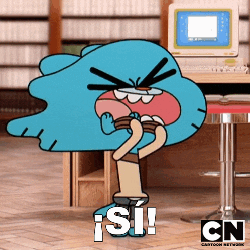 gumball from the amazing world of gumball is sitting in front of a computer and says " si "