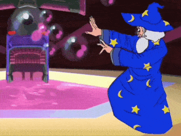 a cartoon of a wizard in a blue robe with stars