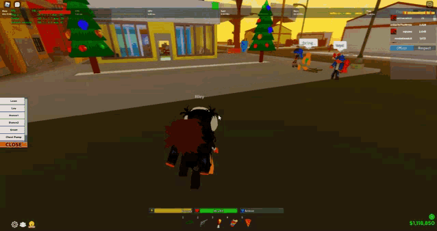 a screenshot of a video game shows a christmas tree and a sign that says close
