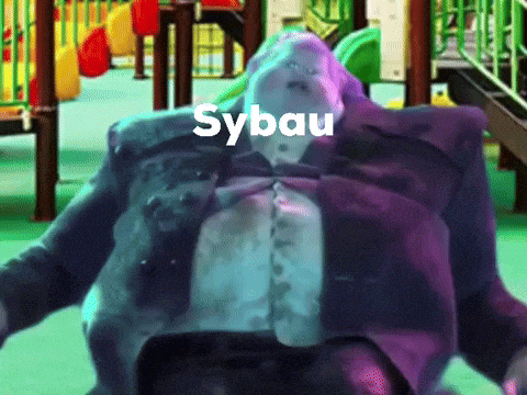a man in a suit and tie is sitting in front of a playground with the word sybau written on his chest