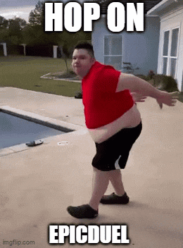 a fat man in a red shirt and black shorts is standing in front of a pool with the caption hop on epicduel