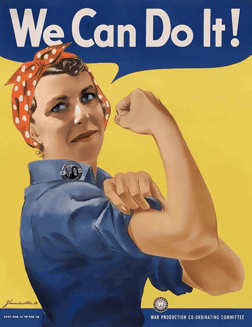 a poster for the war production co-ordinating committee shows a woman flexing her arm