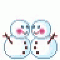 a pixel art of two snowmen kissing with pink hearts coming out of their mouths .
