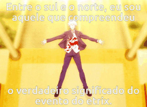 a man in a suit is standing in front of a yellow background with the words entre o sul e o norte eu sou