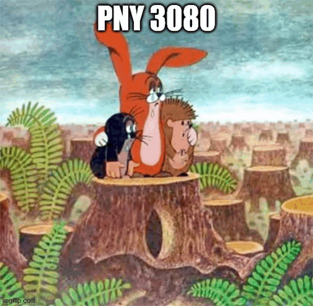 three cartoon characters are sitting on a tree stump .