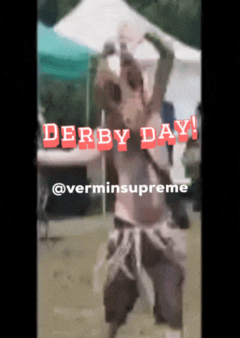 a video of a man in a horse mask with the words derby day in red