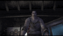 a man with blood on his face is standing in a dark room with his arms outstretched