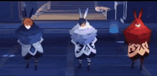 three cartoon characters are standing next to each other in a dark room .