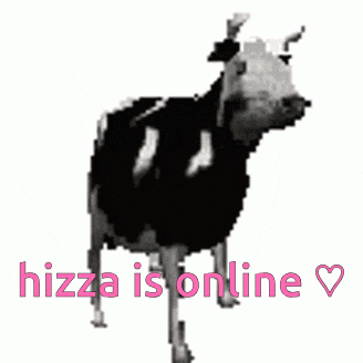 a cow is standing in front of a white background with the words pizza is online written below it