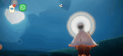 a person in a white cape is standing in a field with a circle around their head .