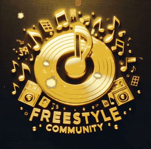 a gold logo for the freestyle community with a record and music notes