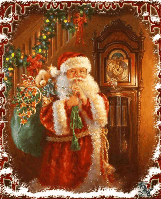 a painting of santa claus standing in front of a clock