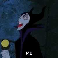 a cartoon of maleficent from sleeping beauty is holding a light and says `` me '' .