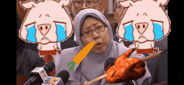 a woman with a carrot in her mouth is surrounded by pigs with tears in their eyes