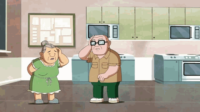 a cartoon of an elderly couple in a kitchen with a microwave