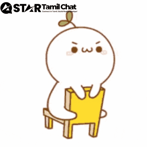 a cartoon character is sitting on a yellow chair with a star tamil chat logo in the background
