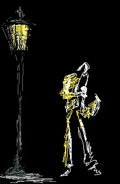 a pixel art drawing of a man standing next to a lamp post