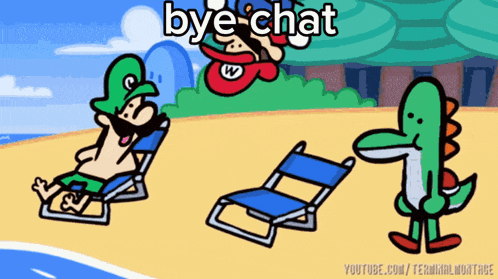 a cartoon of mario and yoshi on a beach with the words bye chat on the bottom