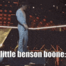 a group of people are standing in a line with the words little benson boone written on the bottom .