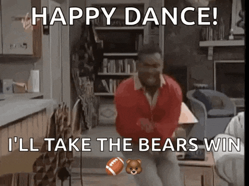 a man is dancing in a living room with the words `` happy dance ! ''