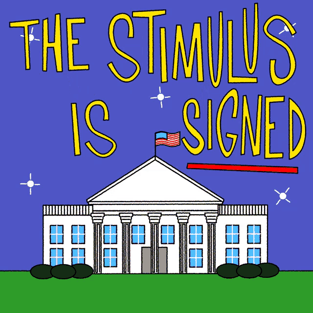 a cartoon drawing of the white house with the words the stimulus is signed above it