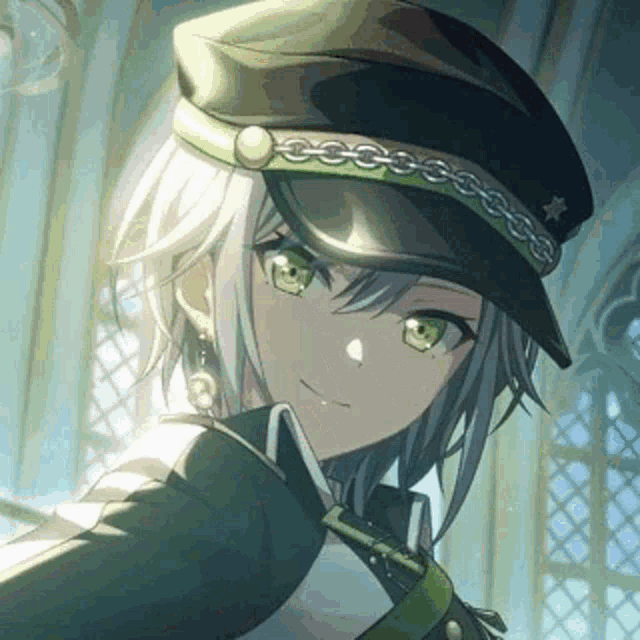a girl with white hair and green eyes is wearing a hat and a jacket .