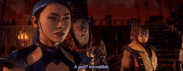 a video game character says a god incredible in front of two other characters