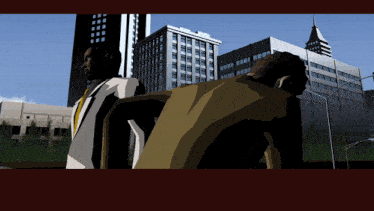 a man in a suit and tie is standing in front of a city skyline