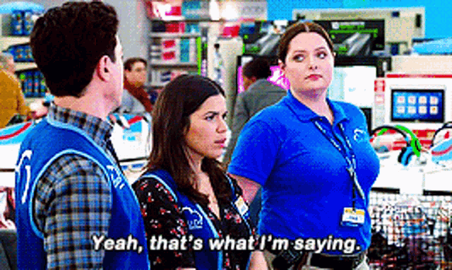 a woman in a blue shirt says yeah that 's what i 'm saying .