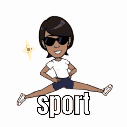 a cartoon of a woman wearing sunglasses is doing a split and the word sport is behind her .