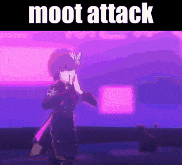 a cartoon character is standing in front of a purple background with the words moot attack on it .