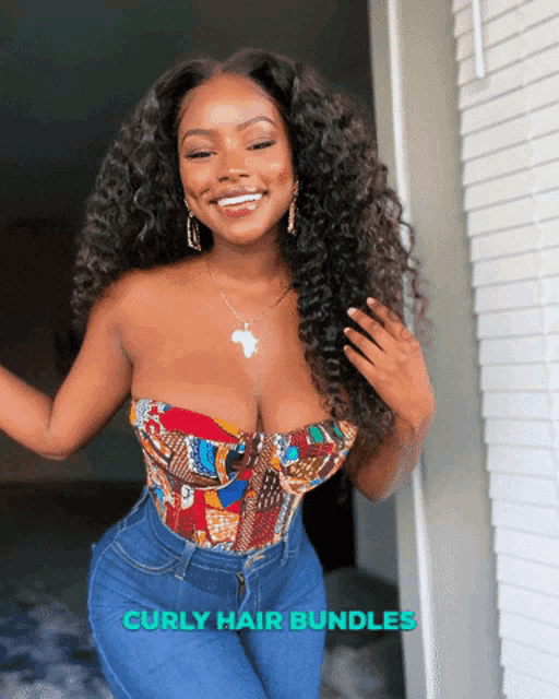 a woman with curly hair is smiling with the words curly hair bundles above her