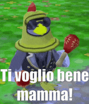 a chicken wearing sunglasses and a hat is holding a maracas and says ti voglio bene mamma